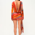 Turuncu degrade tül uzun kollu asimetrik etekli mini elbise