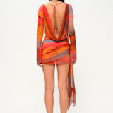 Turuncu degrade tül uzun kollu asimetrik etekli mini elbise