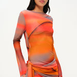 Turuncu degrade tül uzun kollu asimetrik etekli mini elbise