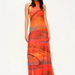 Turuncu halter yaka derin yırtmaçlı tül elbise