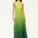 Yeşil halter yaka derin yırtmaçlı tül elbise