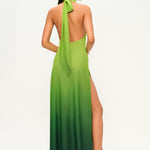 Yeşil halter yaka derin yırtmaçlı tül elbise