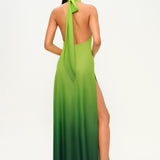 Yeşil halter yaka derin yırtmaçlı tül elbise
