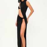 Siyah asimetrik kesim düğüm detaylı derin yırtmaçlı plaj elbisesi