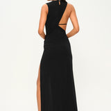 Siyah asimetrik kesim düğüm detaylı derin yırtmaçlı plaj elbisesi