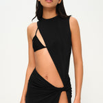 Siyah asimetrik kesim düğüm detaylı derin yırtmaçlı plaj elbisesi