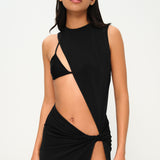 Siyah asimetrik kesim düğüm detaylı derin yırtmaçlı plaj elbisesi