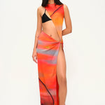 Sunset desen asimetrik kesim düğüm detaylı derin yırtmaçlı plaj elbisesi