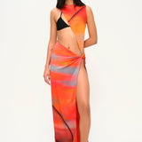 Sunset desen asimetrik kesim düğüm detaylı derin yırtmaçlı plaj elbisesi