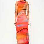 Sunset desen asimetrik kesim düğüm detaylı derin yırtmaçlı plaj elbisesi