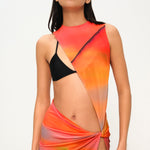 Sunset desen asimetrik kesim düğüm detaylı derin yırtmaçlı plaj elbisesi