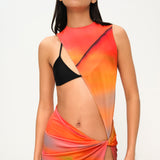 Sunset desen asimetrik kesim düğüm detaylı derin yırtmaçlı plaj elbisesi