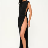 Siyah düğüm detaylı derin yırtmaçlı plaj elbisesi