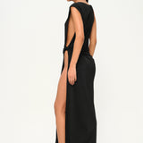 Siyah düğüm detaylı derin yırtmaçlı plaj elbisesi