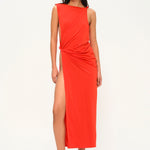 Kırmızı tek omuz düğüm detaylı derin yırtmaçlı plaj elbisesi