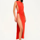 Kırmızı tek omuz düğüm detaylı derin yırtmaçlı plaj elbisesi