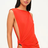 Kırmızı tek omuz düğüm detaylı derin yırtmaçlı plaj elbisesi