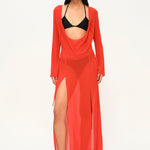 Kırmızı şifon uzun kollu bağlamalı maksi plaj elbisesi