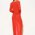 Kırmızı şifon uzun kollu bağlamalı maksi plaj elbisesi