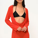 Kırmızı şifon uzun kollu bağlamalı maksi plaj elbisesi