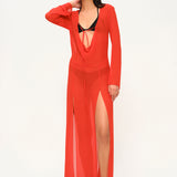 Kırmızı şifon uzun kollu bağlamalı maksi plaj elbisesi