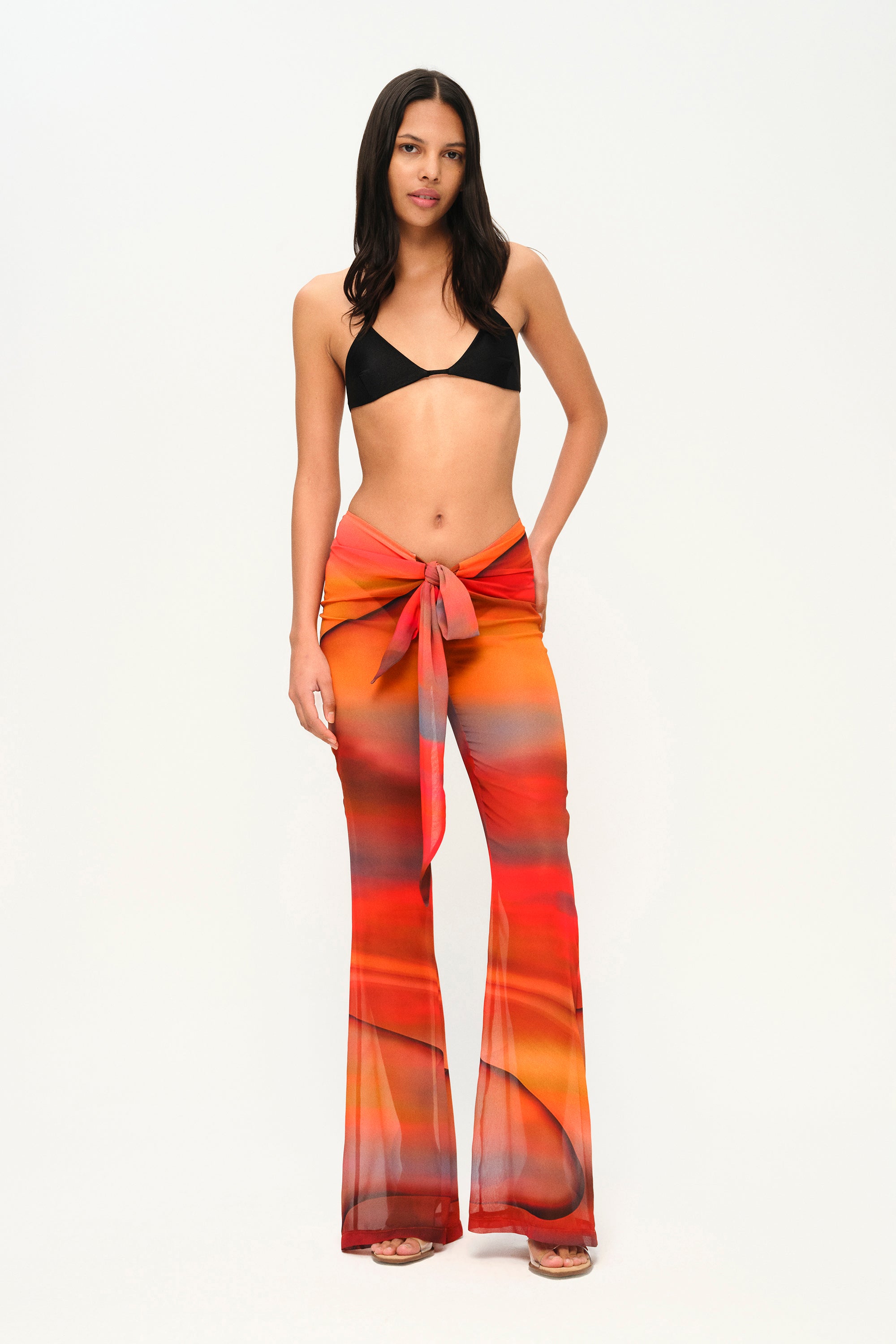 Turuncu bağlama detaylı şifon pareo pantolon
