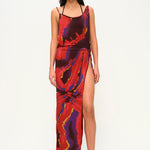 Çiçek desen bağcıklı derin yırtmaçlı plaj elbisesi