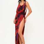 Çiçek desen bağcıklı derin yırtmaçlı plaj elbisesi