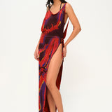 Çiçek desen bağcıklı derin yırtmaçlı plaj elbisesi