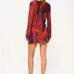 Çiçek desenli şifon uzun kollu bağlamalı plaj elbisesi