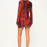 Çiçek desenli şifon uzun kollu bağlamalı plaj elbisesi