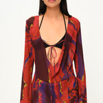 Çiçek desenli şifon uzun kollu bağlamalı plaj elbisesi