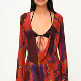 Çiçek desenli şifon uzun kollu bağlamalı plaj elbisesi