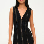 Siyah agraflı derin V yaka çift yırtmaçlı maxi elbise