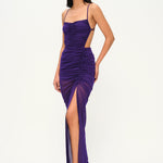  Mor ince askılı drapeli tül maxi elbise