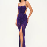  Mor ince askılı drapeli tül maxi elbise