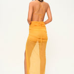 Mango rengi ince askılı drapeli tül maxi elbise