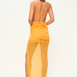 Mango rengi ince askılı drapeli tül maxi elbise