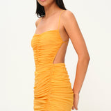 Mango rengi ince askılı drapeli tül maxi elbise