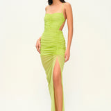 Lime rengi ince askılı drapeli tül maxi elbise