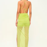 Lime rengi ince askılı drapeli tül maxi elbise