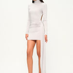 İnci yüksek yaka uzun kollu drapeli mini elbise 