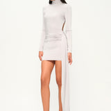 İnci yüksek yaka uzun kollu drapeli mini elbise 