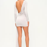 İnci yüksek yaka uzun kollu drapeli mini elbise 