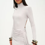 İnci yüksek yaka uzun kollu drapeli mini elbise 