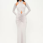 İnci uzun kollu çapraz askılı cut-out detaylı drapeli maxi elbise