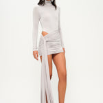 İnci yüksek yaka uzun kollu drapeli mini elbise