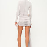 İnci yüksek yaka uzun kollu drapeli mini elbise