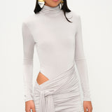 İnci yüksek yaka uzun kollu drapeli mini elbise