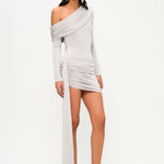 İnci tek omuz uzun kollu drapeli mini elbise